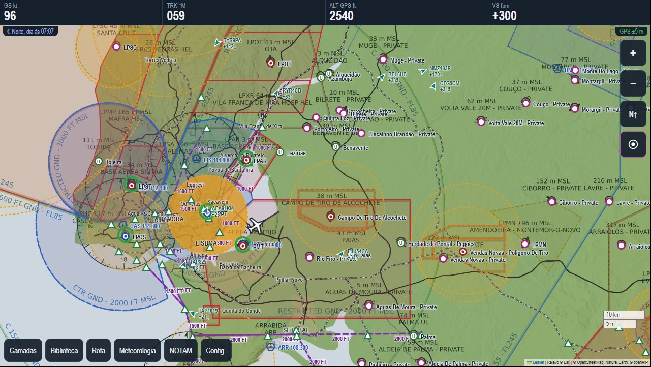 Rumo VFR em voo a leste de Lisboa: espaço aéreo, aeródromos, velocidade, rumo, altitude e tráfego ADS-B